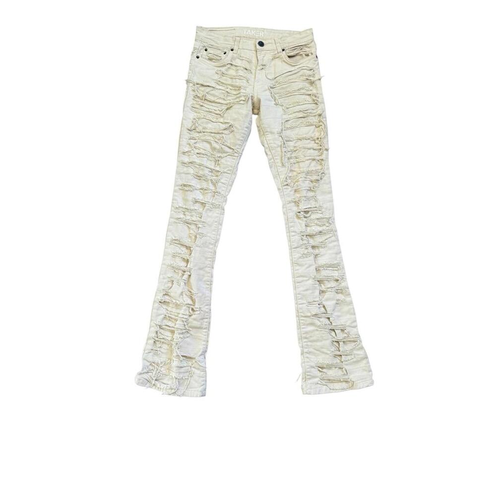 Taker Jeans Destroyed Frayed Front and Back Cream Color Size 30x38
